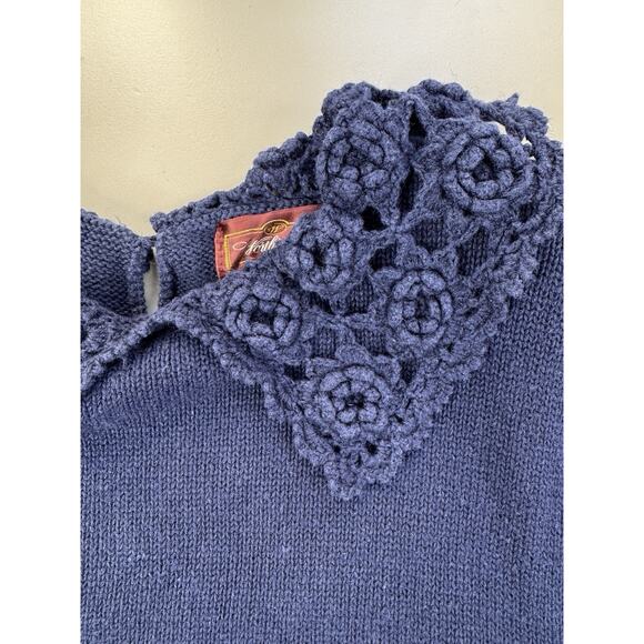 VTG Crochet Collar Short Sleeve Sweater Womens M Navy Blue Preppy GrannyCore - Picture 5 of 14